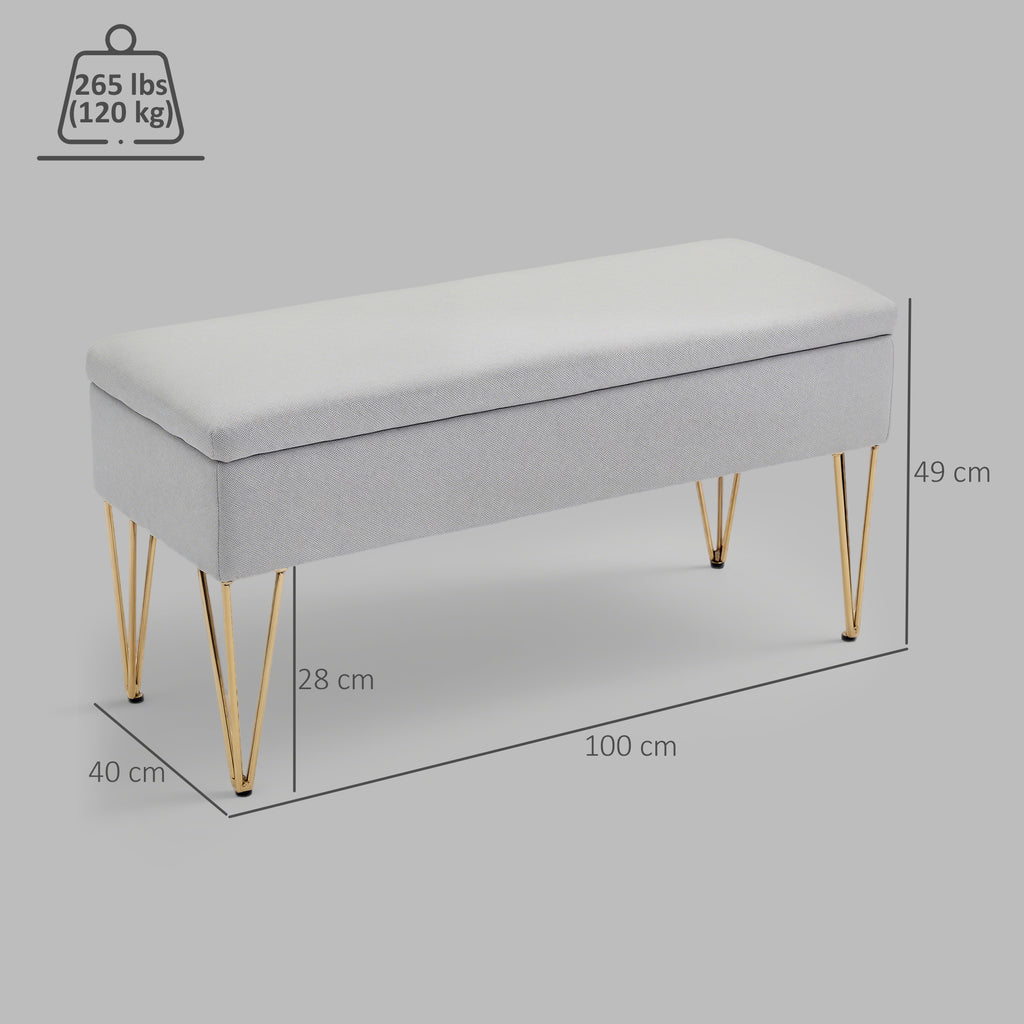 Bedside Bench with Fabric Storage and Steel Legs, 100x40x49 cm, Light Grey