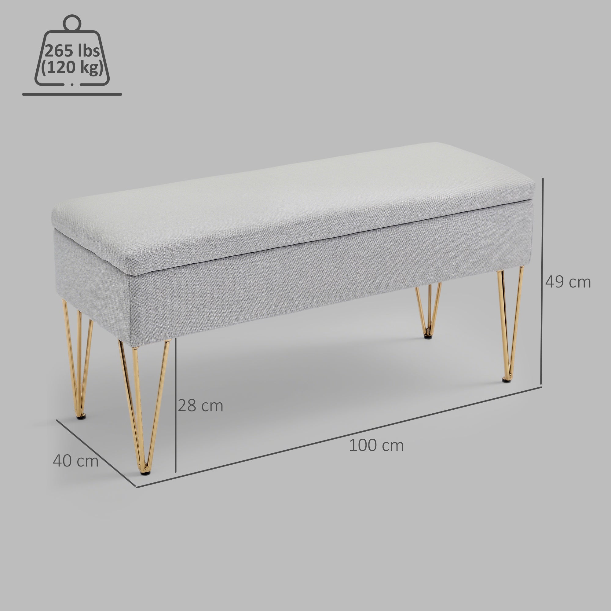 Bedside Bench with Fabric Storage and Steel Legs, 100x40x49 cm, Light Grey
