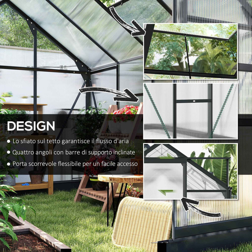 Outsunny Polycarbonate and Aluminum Greenhouse with Sliding Door, Air Vent and Gutter, 190x252x201 cm, Gray