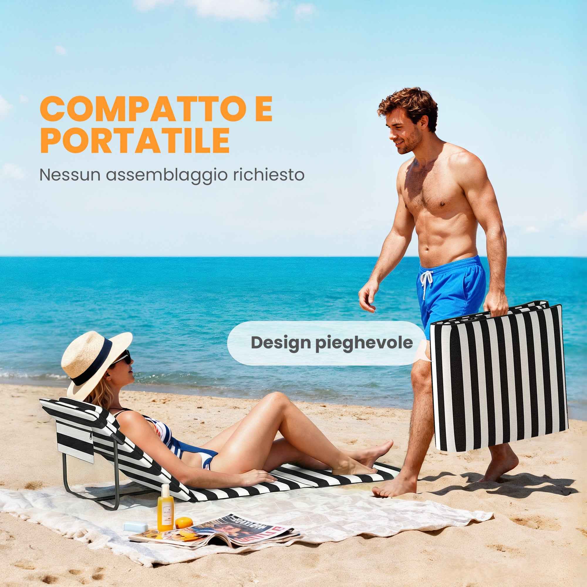 Outsunny Set of 2 Beach Chairs with Padded Headrest, Metal and Oxford Fabric, 146x50x2 cm, Grey and White