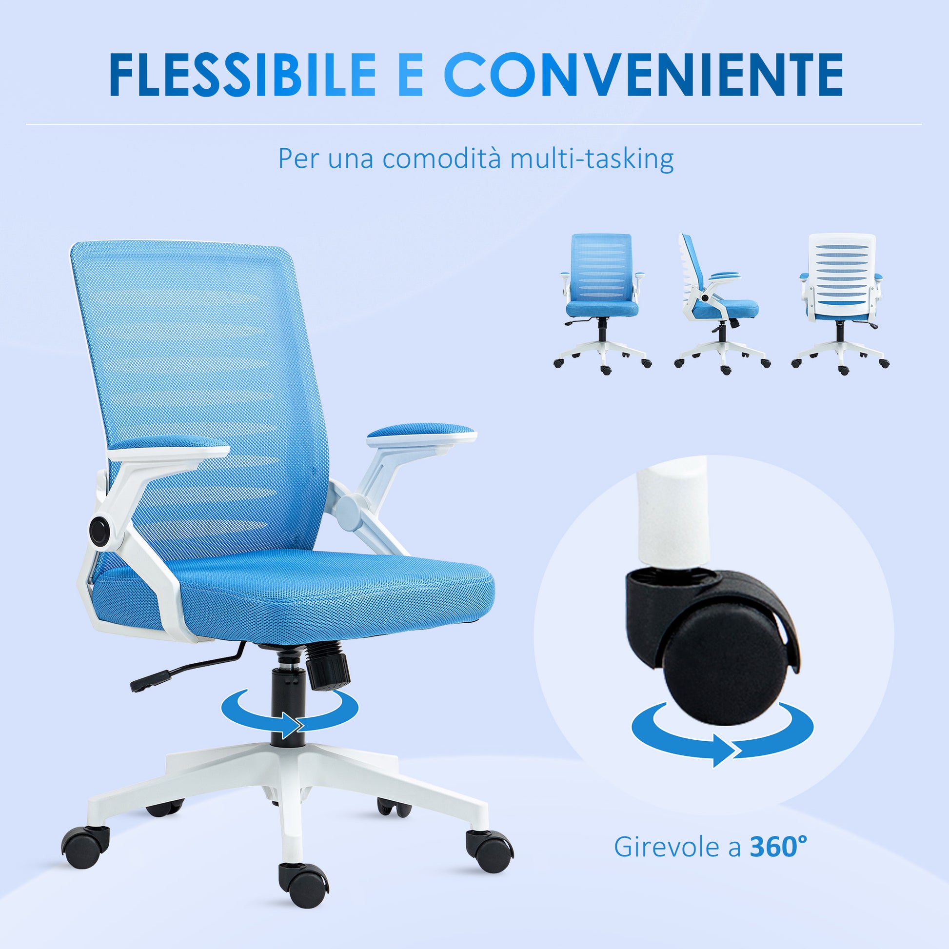 Vinsetto Ergonomic Height-Adjustable Swivel Chair with Armrests, 54x54x89-99 cm, White and Light Blue - Borgè