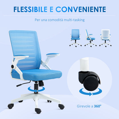 Vinsetto Ergonomic Height-Adjustable Swivel Chair with Armrests, 54x54x89-99 cm, White and Light Blue - Borgè