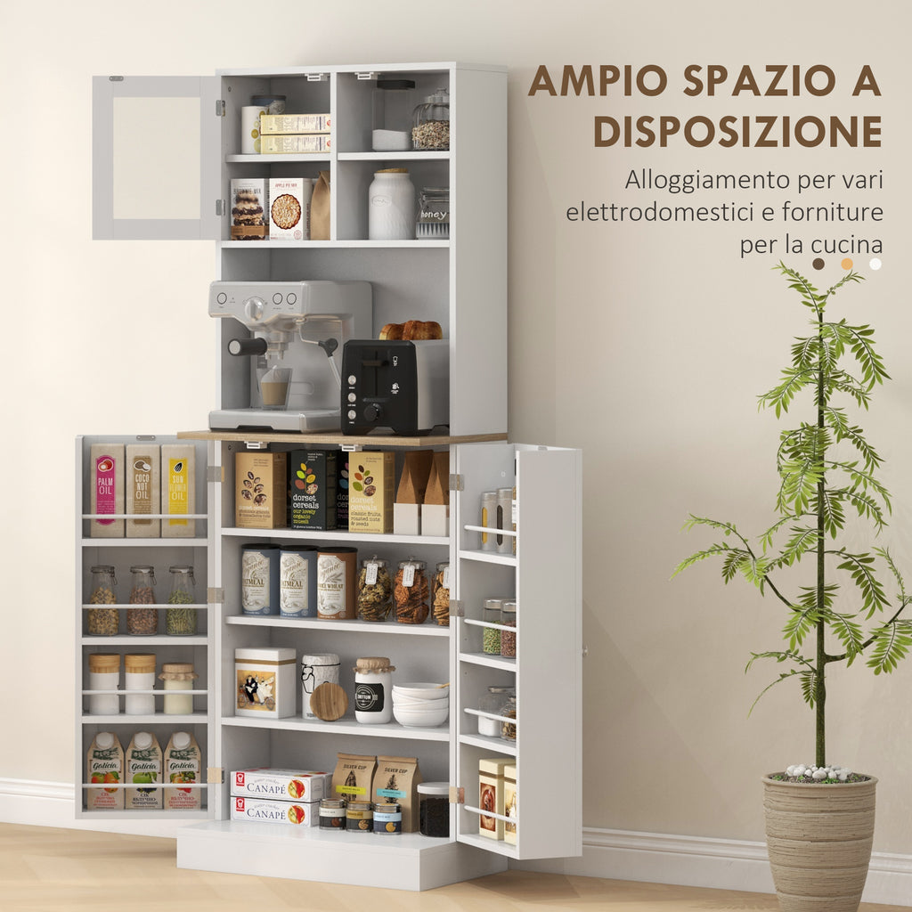 Kitchen Pantry Microwave Stand with Open Shelves and Cabinet with Spice Rack, 60x35x169 cm, White
