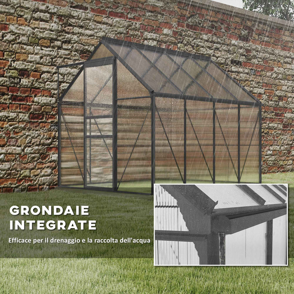 Outsunny Polycarbonate and Aluminum Greenhouse with Opening Window and Sliding Door, 190x253x199 cm, Dark Gray