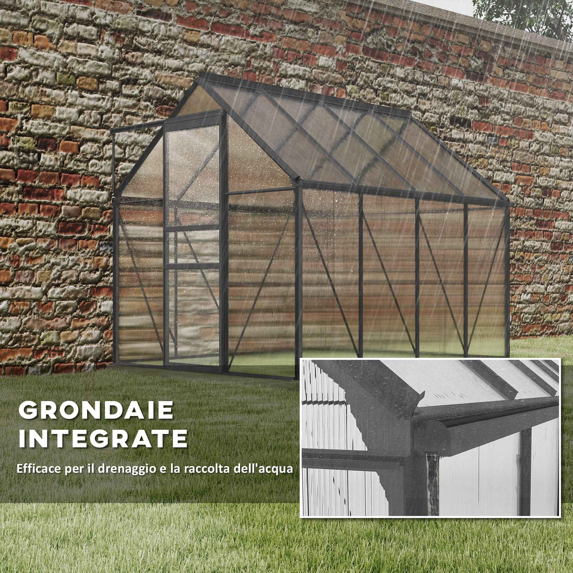 Outsunny Polycarbonate and Aluminum Greenhouse with Opening Window and Sliding Door, 190x253x199 cm, Dark Gray
