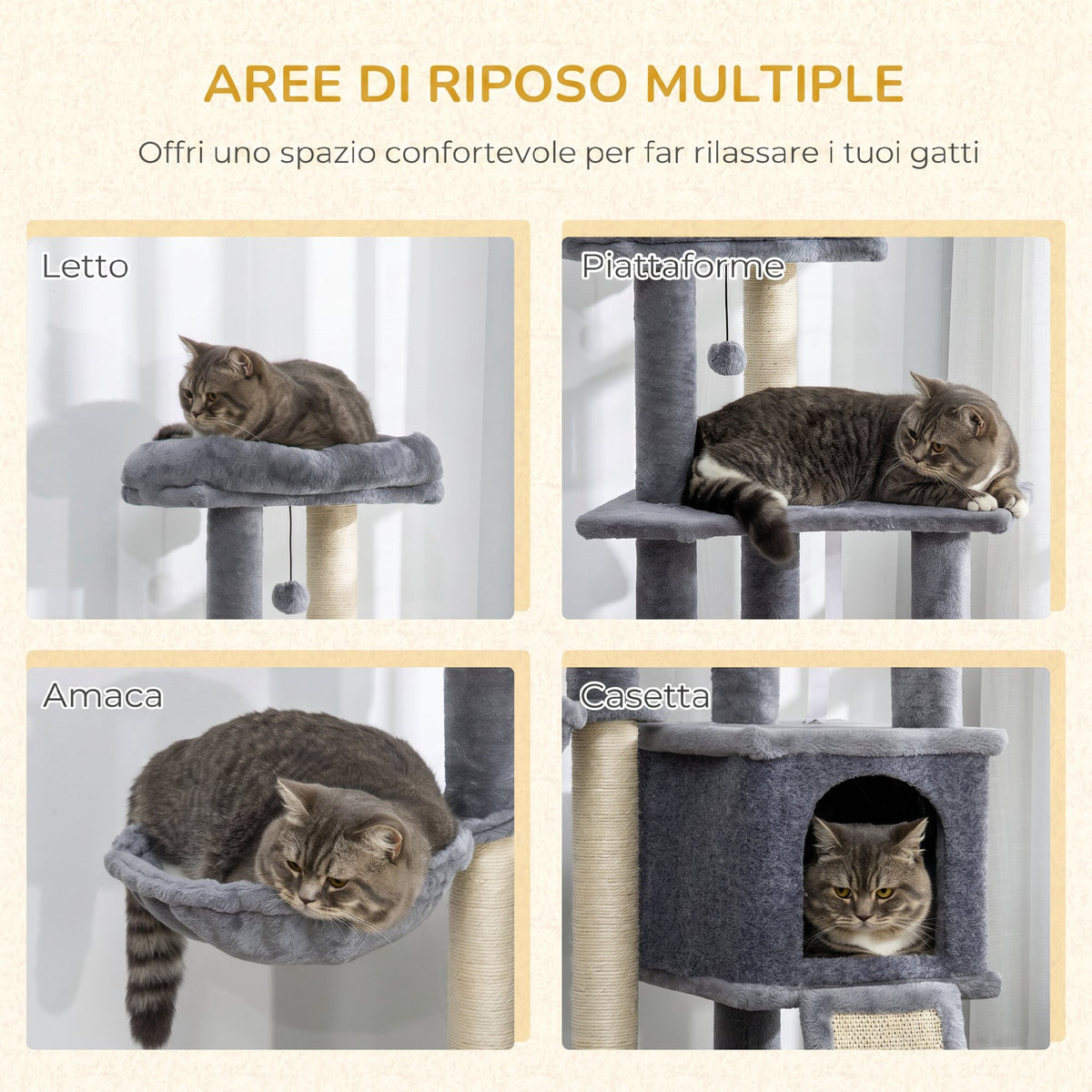 PawHut Cat Tree, 127 cm Tall, with Sisal Scratching Posts, Ramp, Basket, Kennel, Hammock, Grey