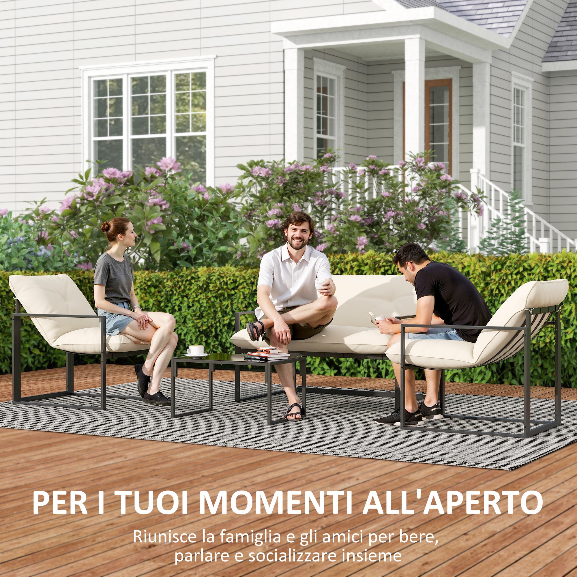 4-Piece Garden Set with Sofa, 2 Armchairs and Coffee Table, in Steel, Polyester and PP Cotton, Beige and Grey