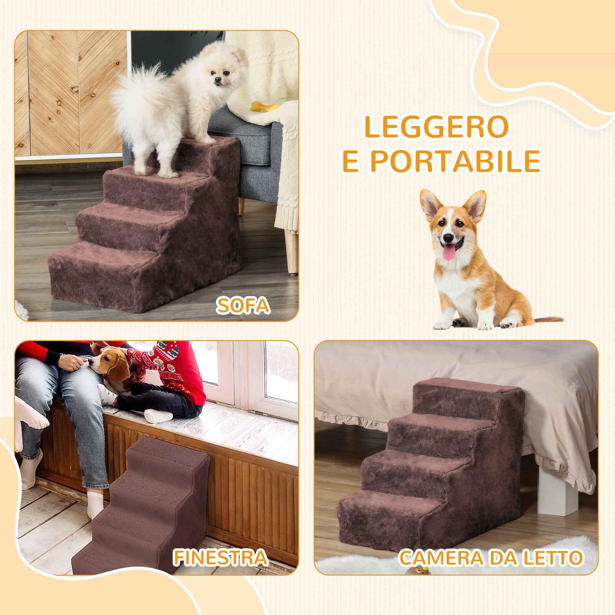 PawHut 4-Step Dog Stairs with Removable and Washable Cover, Portable, 60x35x44 cm, Brown