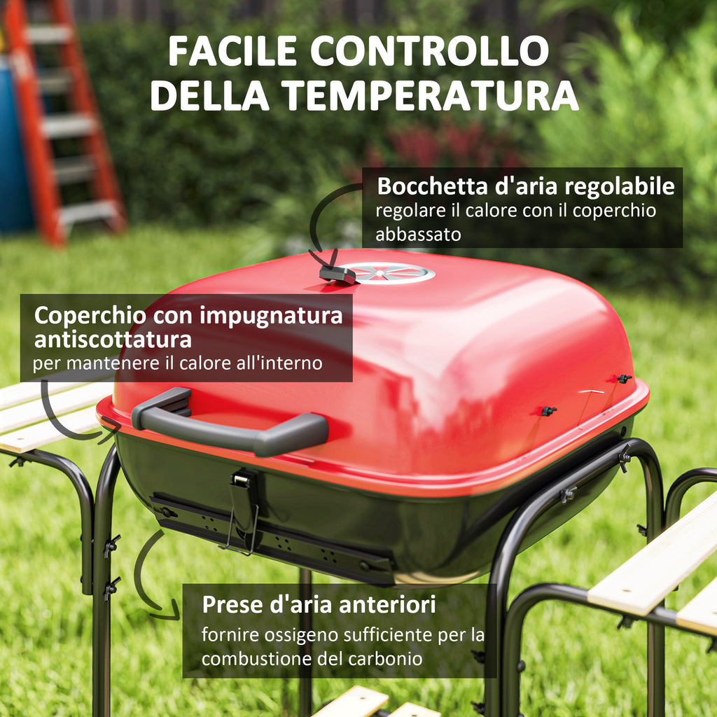 3-Tier Charcoal Barbecue with Wheels, Adjustable Air Vent Lid, Red