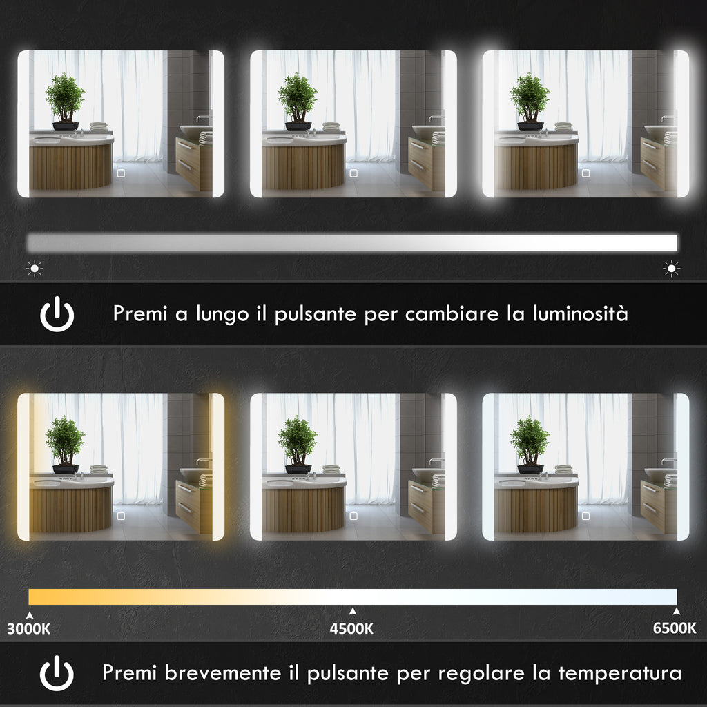 Bathroom Mirror with 3 Temperature LED Light, Touch Switch and Anti-fog, 70x50cm