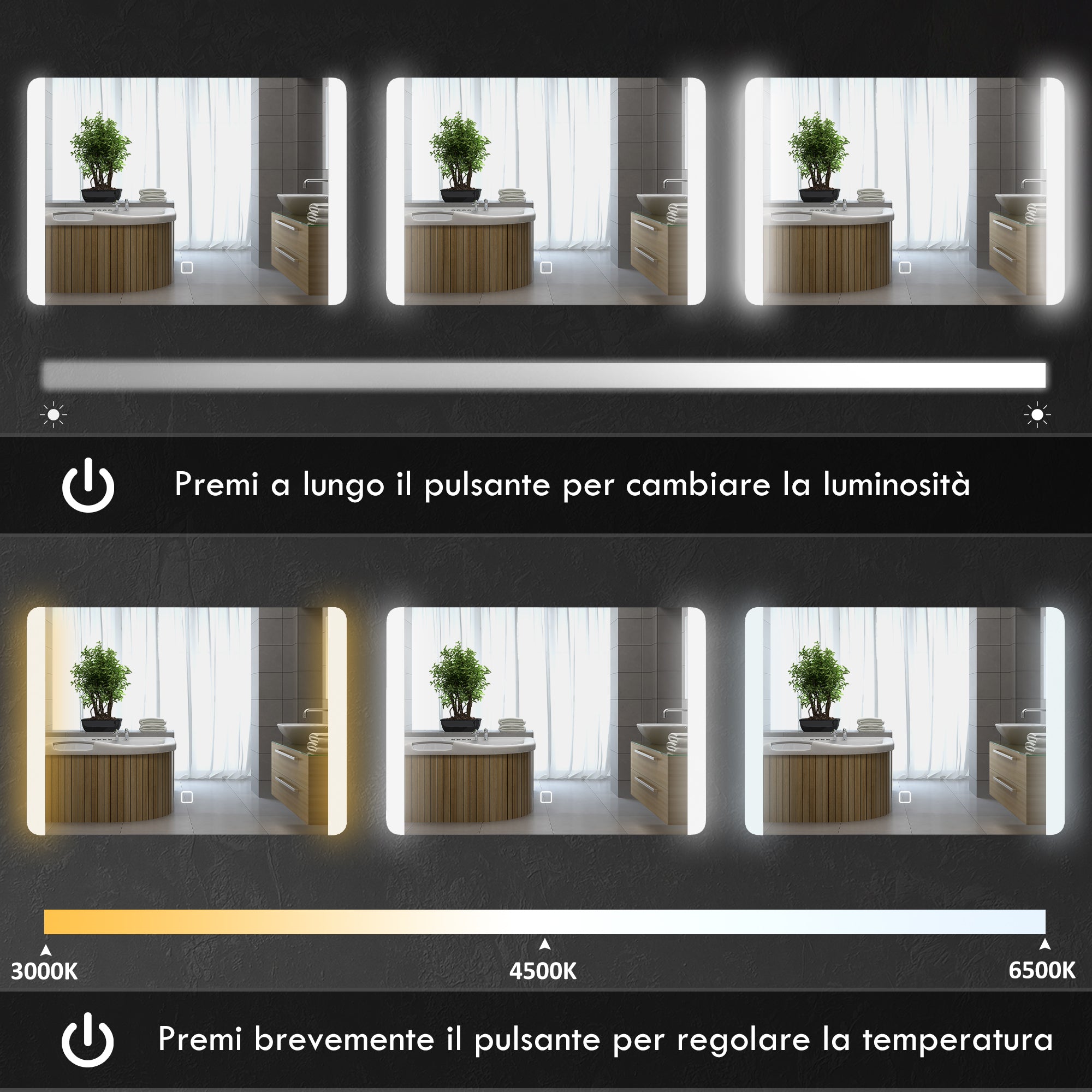 Bathroom Mirror with 3 Temperature LED Light, Touch Switch and Anti-fog, 70x50cm