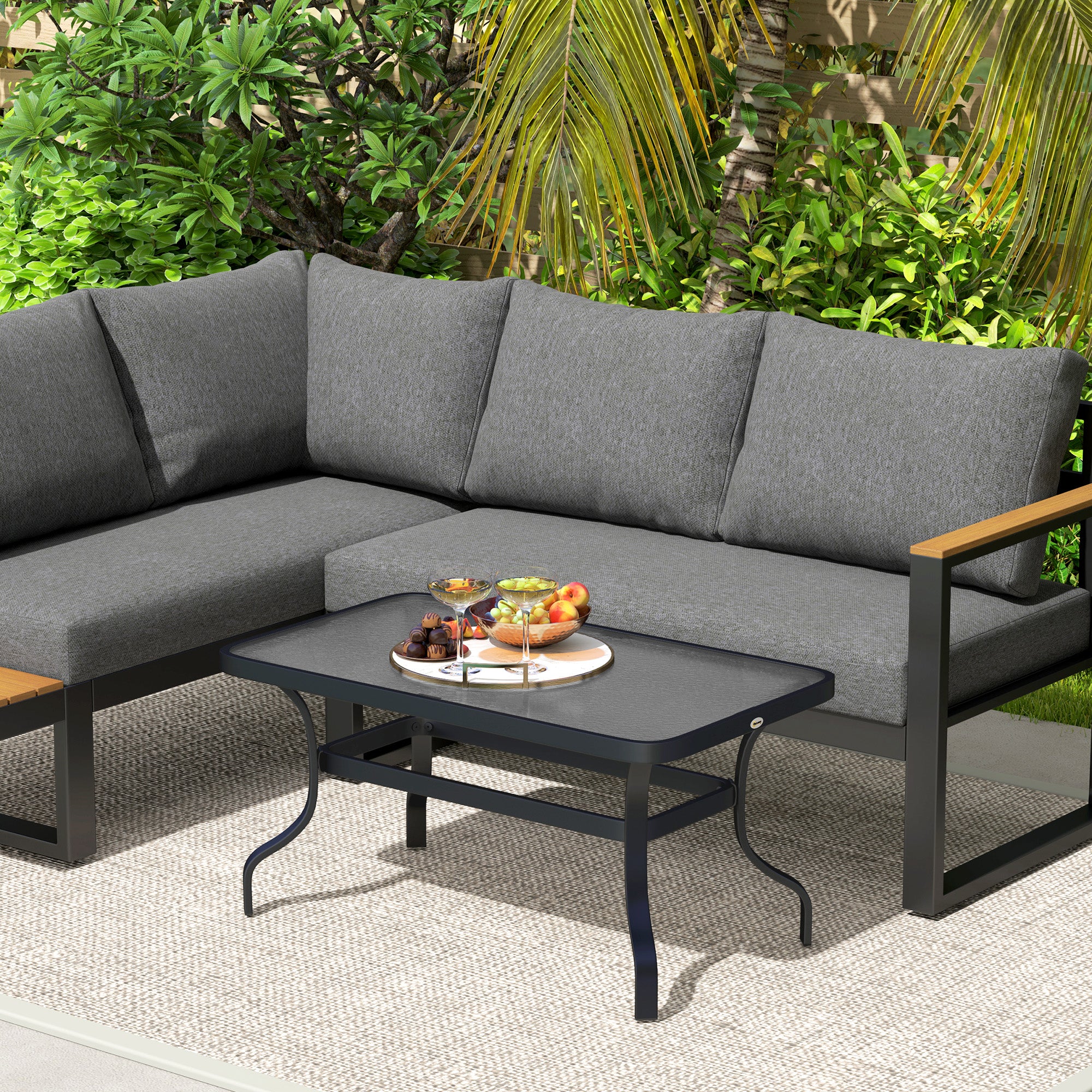 Rectangular Outdoor Coffee Table in Black Metal with Tempered Glass Top, 95x55x46 cm