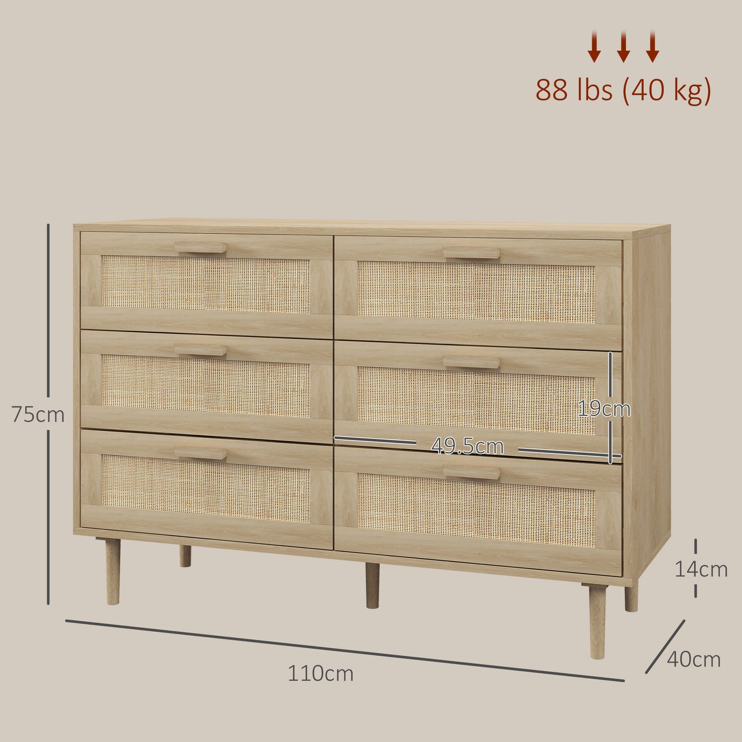 Boho 6 Drawer Chest of Drawers in Wood and Rattan Boho Style for Living Room and Bedroom, 110x40x75 cm - Borgè