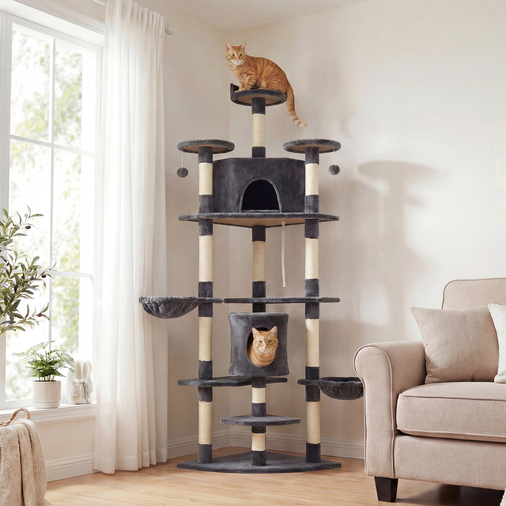 PawHut Tall Cat Tree with Houses and Hammocks, 60x60x200cm, Dark Grey