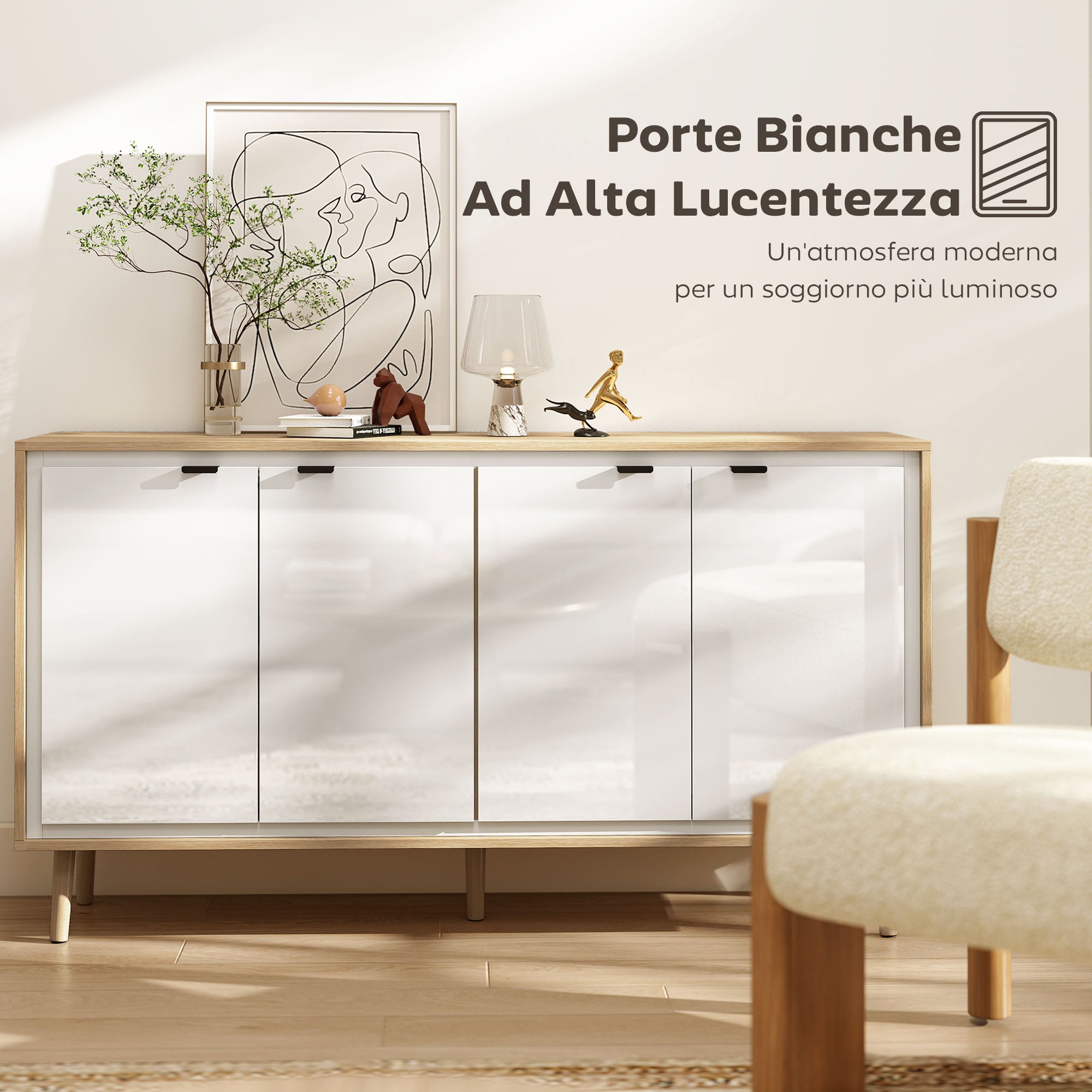 Modern 4-Door Sideboard with Adjustable Shelf, 141x35x77 cm, Gloss White and Oak