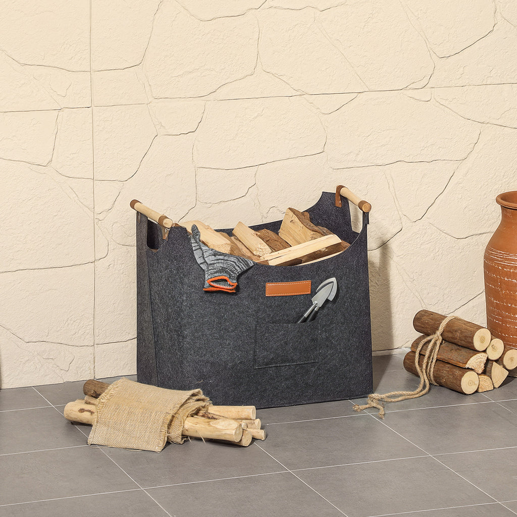 Felt Log Holder with Wooden Handles, 15 kg Capacity, 45 x 32 x 40 cm, Grey
