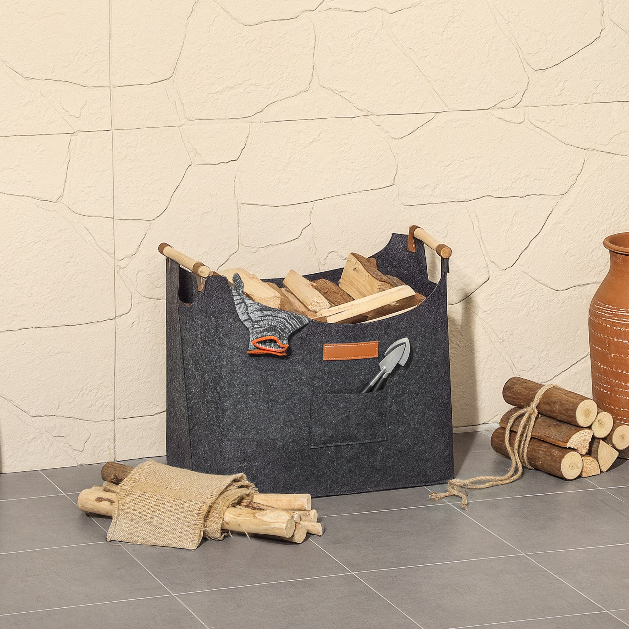 Felt Log Holder with Wooden Handles, 15 kg Capacity, 45 x 32 x 40 cm, Grey