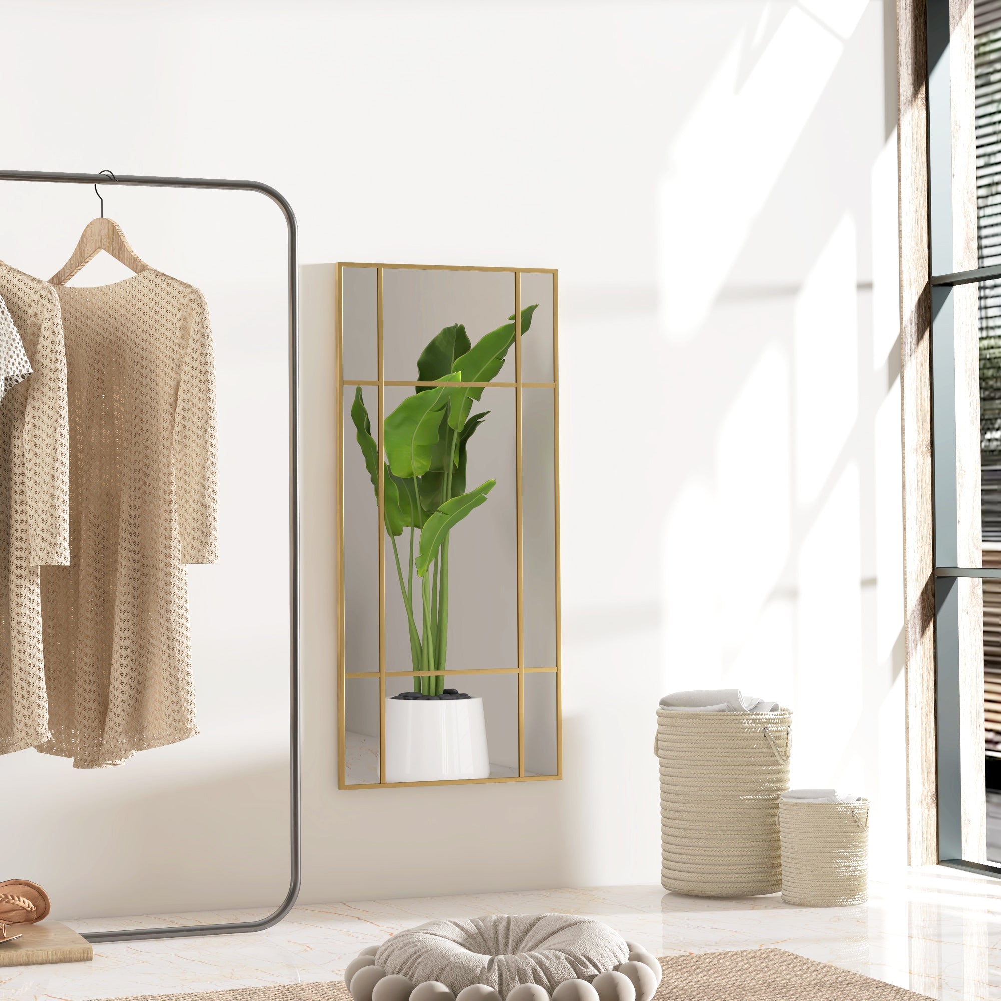 HOMCOM Window Style Wall Mirror with Vertical and Horizontal Mounting, 110x50cm, Gold - Borgè