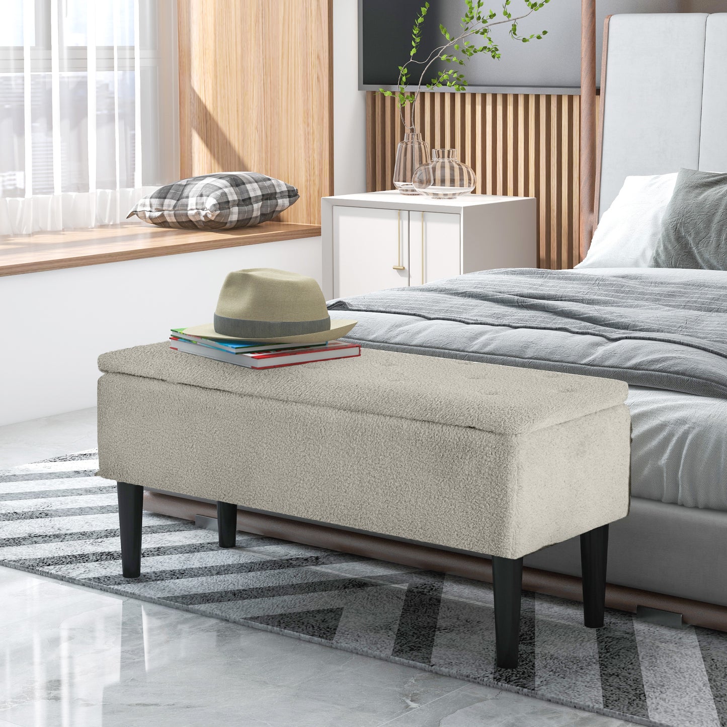 HOMCOM Bed Bench with 47L Storage Compartment and Bouclé Covering, 95x38x45 cm, Beige