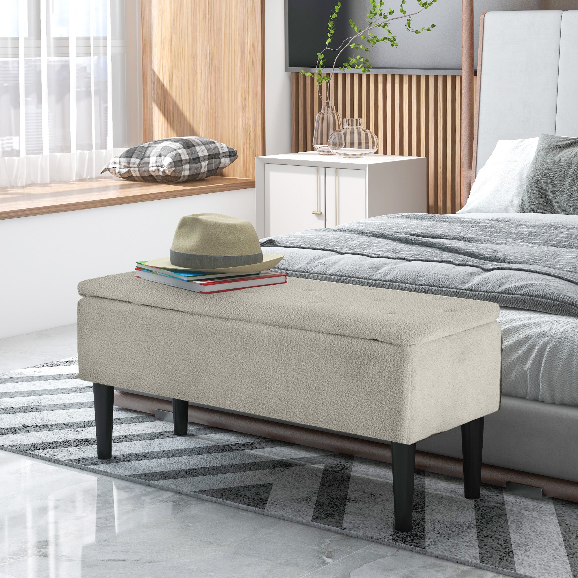 Ottoman Strange Bench with 47L Storage Compartment and Bouclé fluffy Covering, 95x38x45 cm, Beige - Borgè
