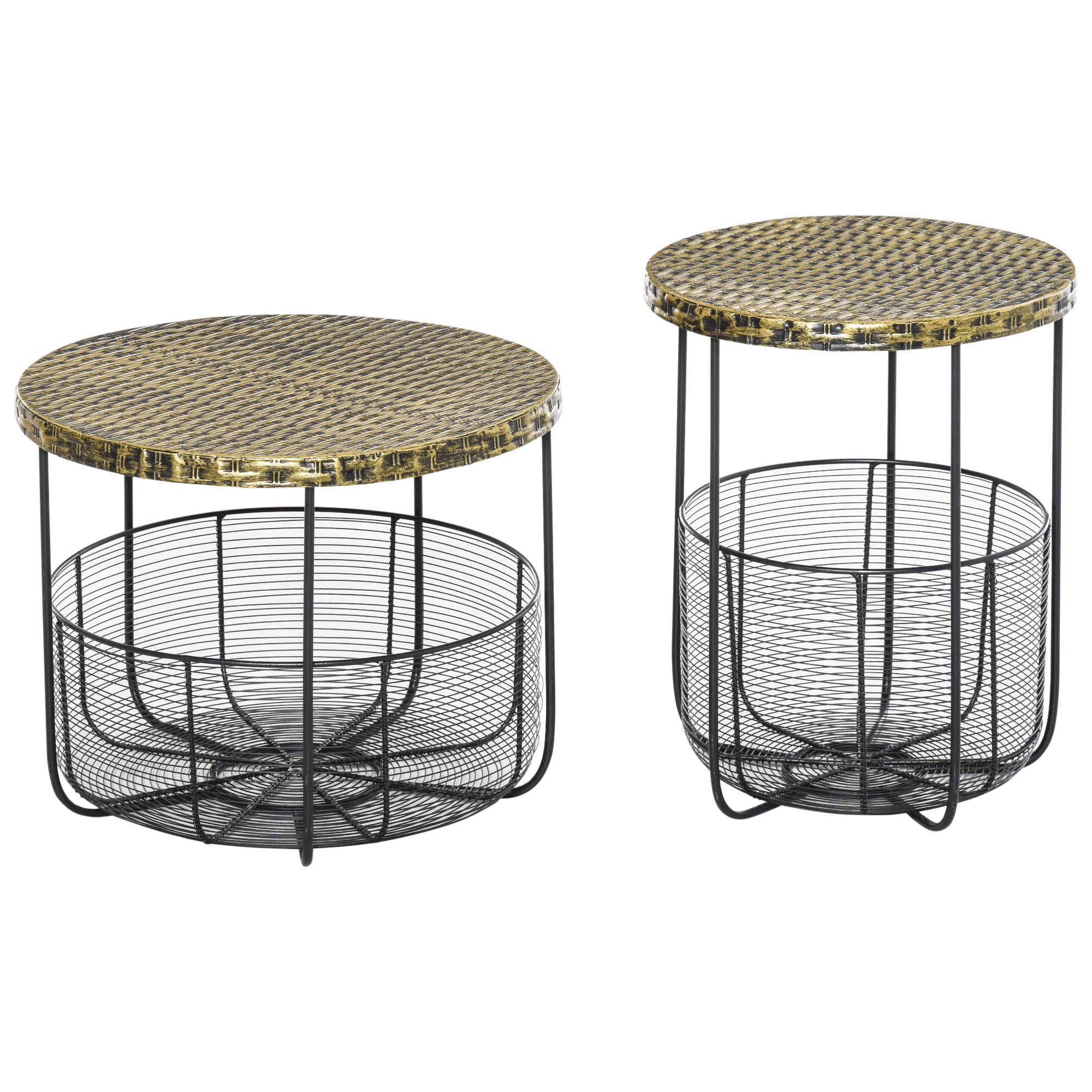 Set of 2 Metal Garden Coffee Tables with Baskets, Industrial Style Outdoor Furniture in Black
