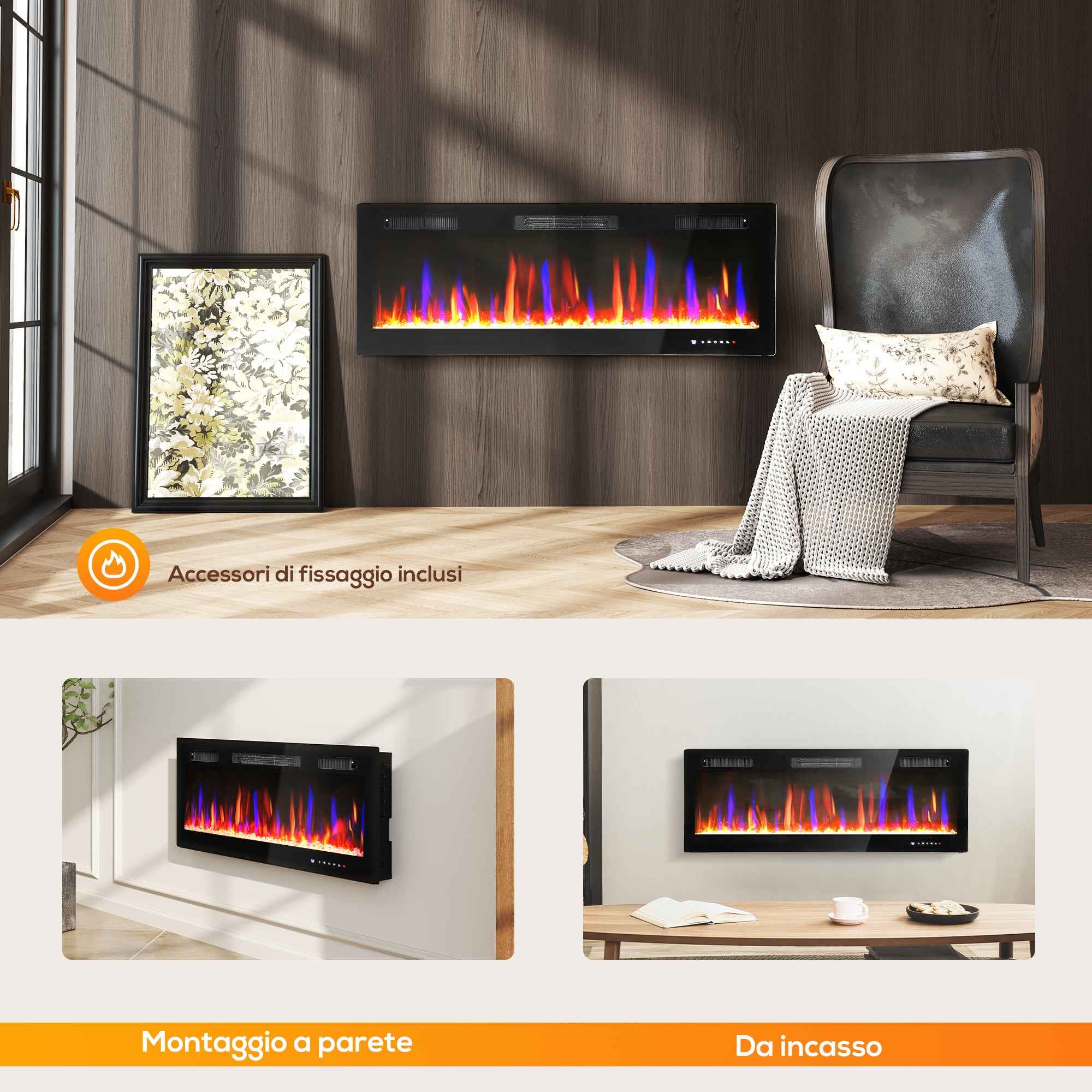 HOMCOM Built-in or Wall-Mounted Electric Fireplace with Adjustable Temperature, Steel and Glass, 127x9.4x47 cm, Black