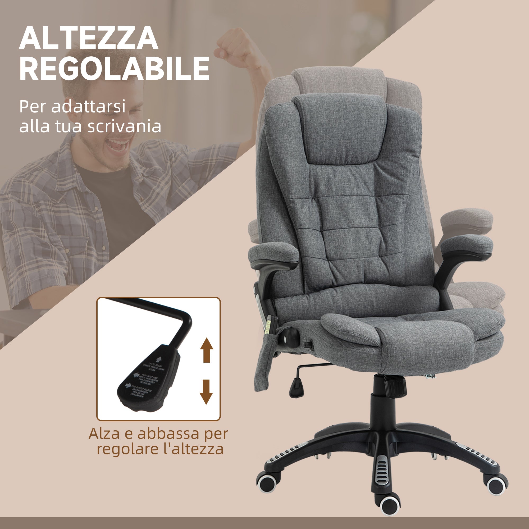 6-Point Vibration Massage Office Chair with Rocking Function and Heat, Reclining Office Chair with Adjustable Height, Remote Control and Side Pocket in Fabric, Grey