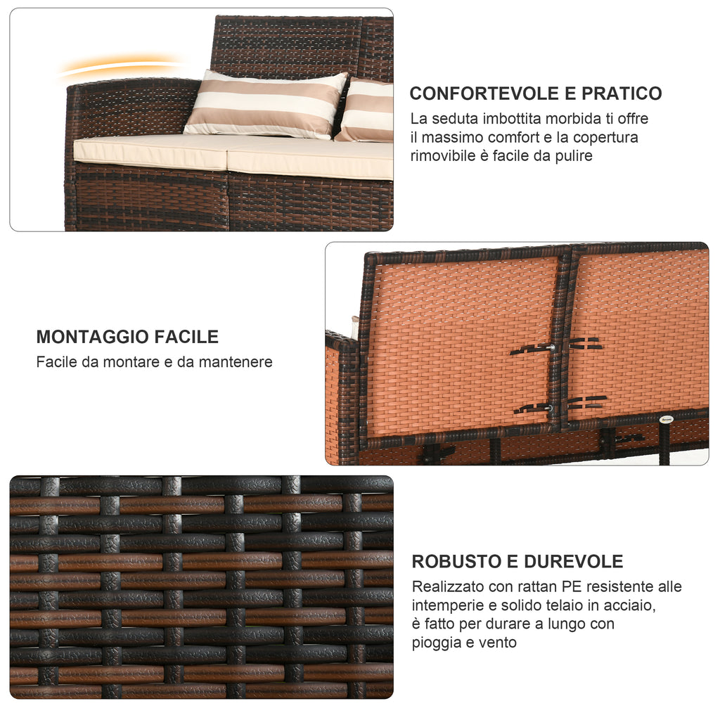 3-Seater Outdoor Sofa in PE Rattan with Padded and Removable Cushions, 173x68x78 cm, Brown