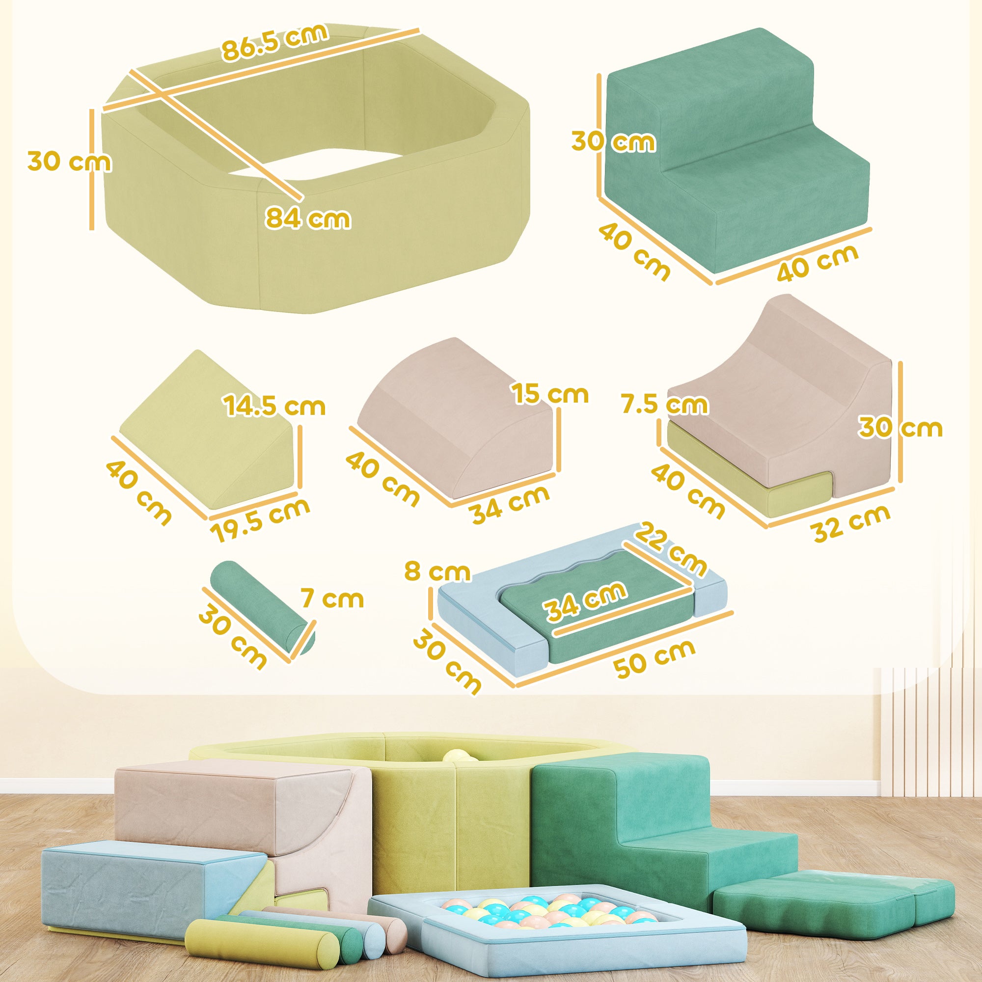 15-Piece Set of Soft Modular Building Blocks for Children with 200 Balls for Indoor Use, Multicolored