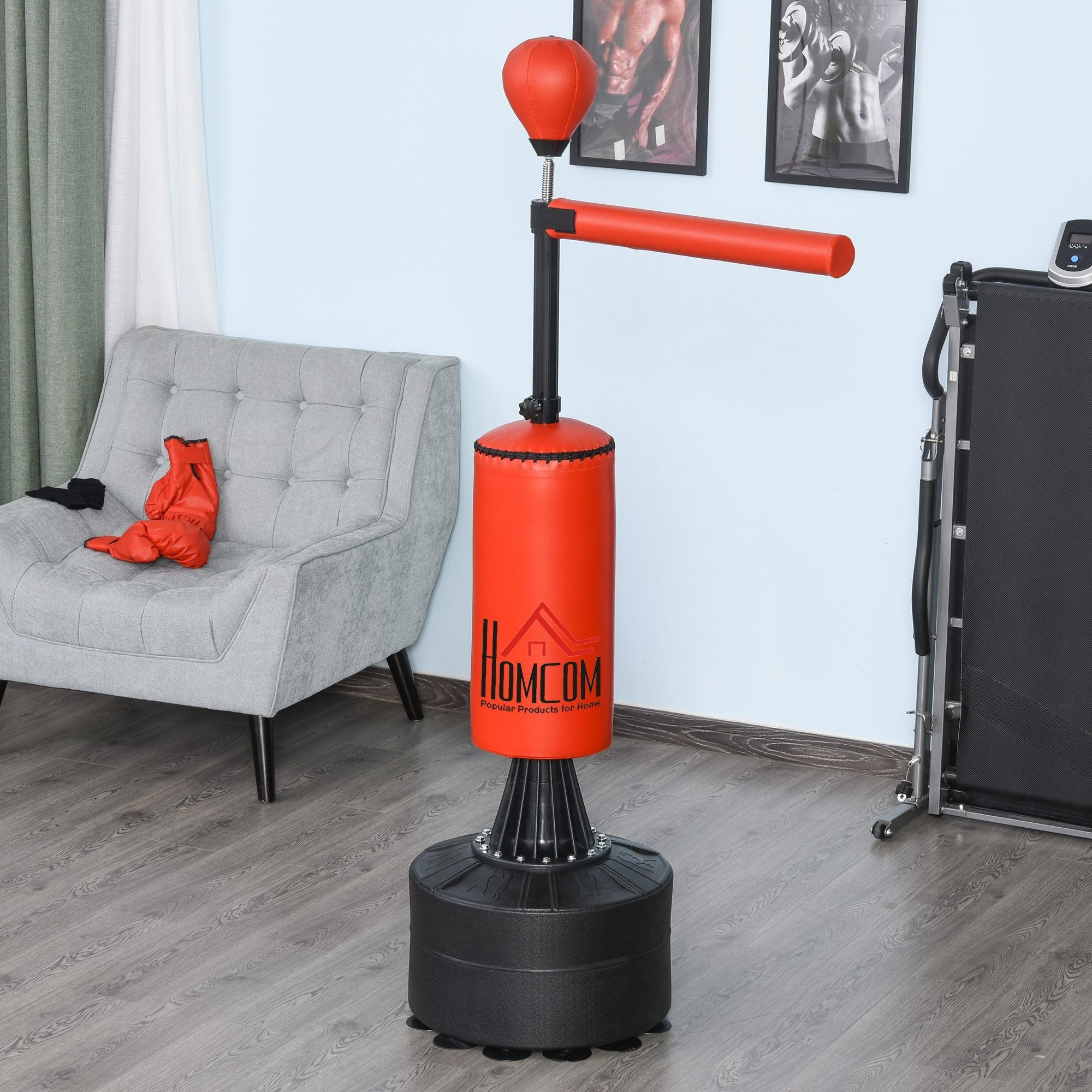 HOMCOM Height Adjustable Punching Bag with Punching Ball and Fillable Base, 88x48x155-205 cm, Red and Black - Borgè