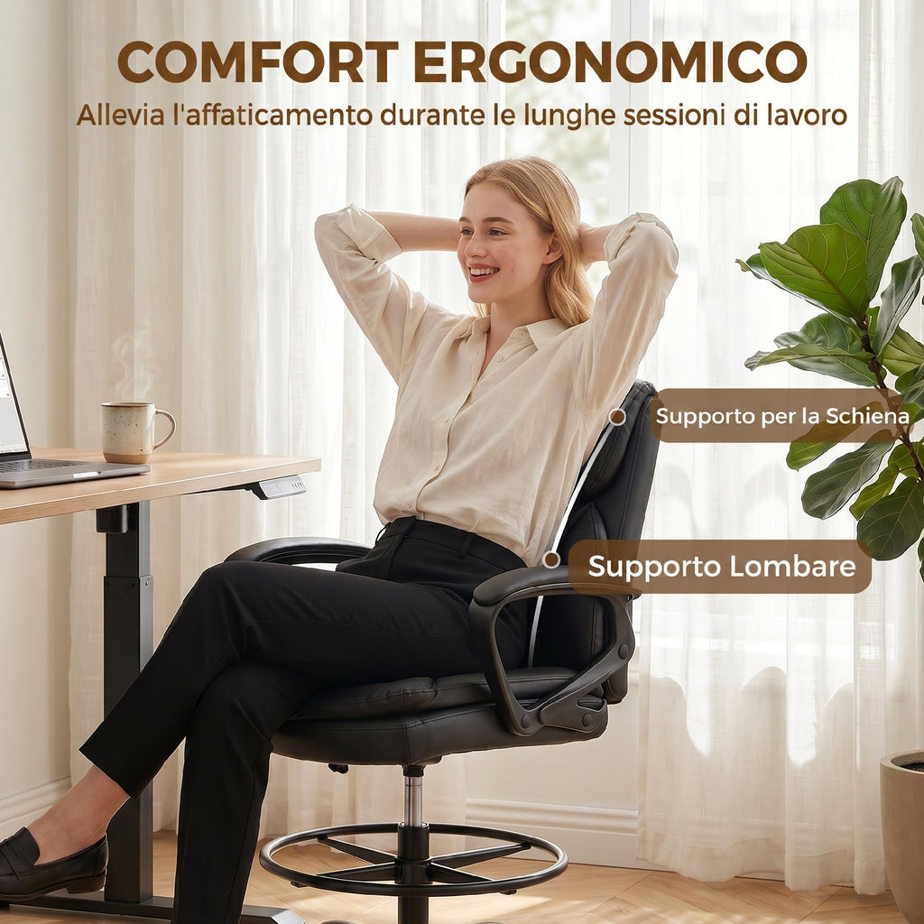 HOMCOM Swivel Office Chair in Faux Leather, Height-Adjustable, High Back, Armrests, for Study, Black