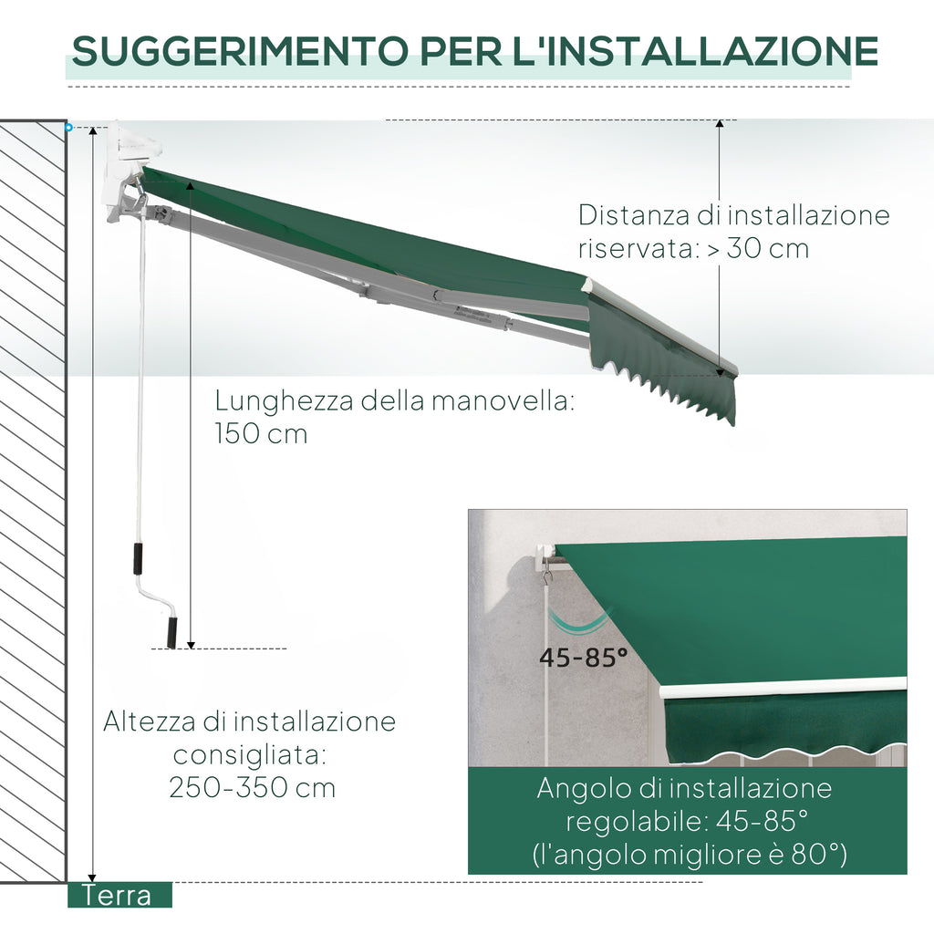 Outsunny 3x2m Adjustable Angle Crank Awning in Aluminum, Steel and Green Polyester