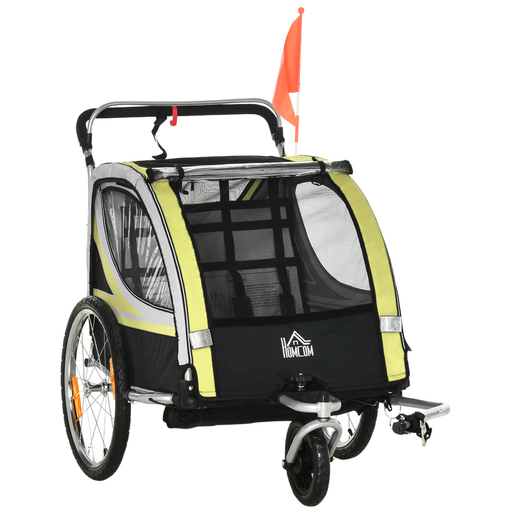 Kids Bike Trailer and Stroller, 2-in-1 Design with Brake, 5-Point Harness, Bicycle Trailer with Side Pockets, Reflectors and Flag, Yellow