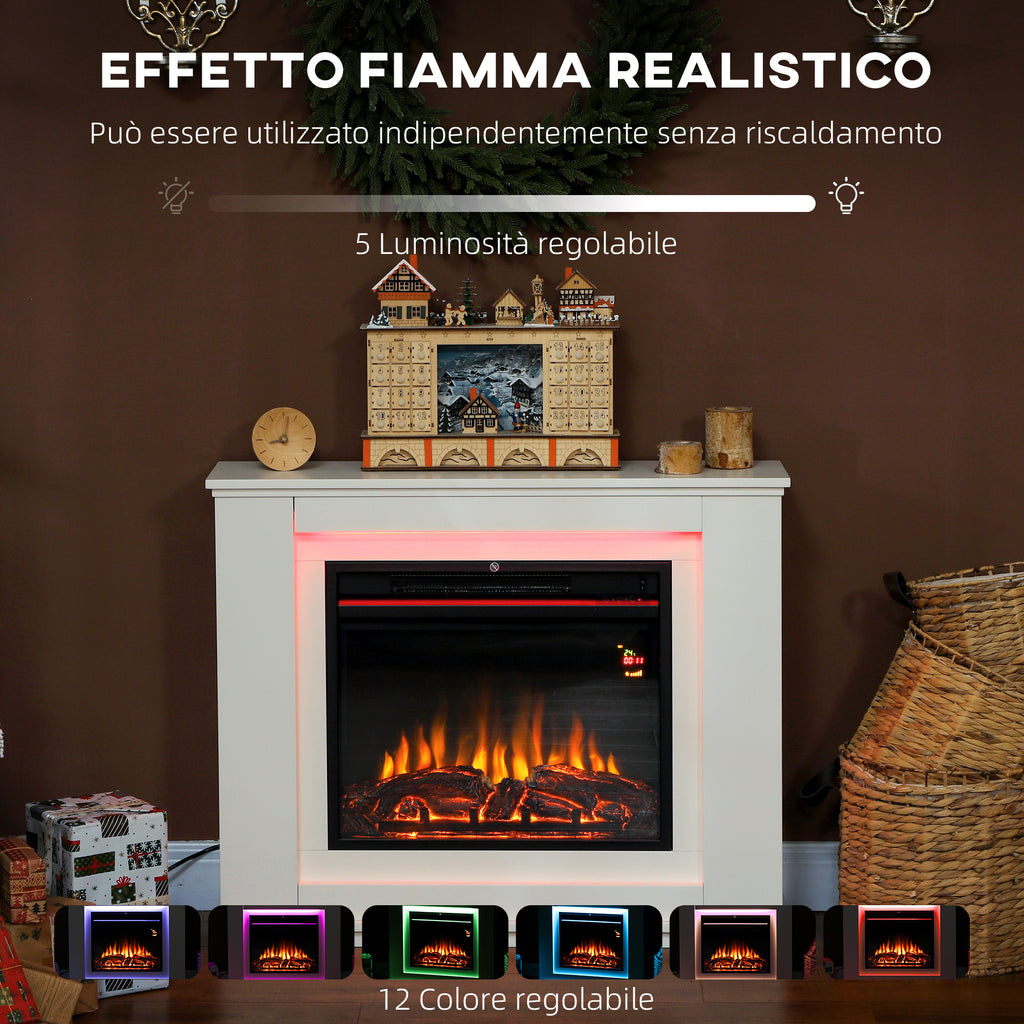 Electric Fireplace with 12 Flame Colors and 5 Brightness Levels, Remote Control and Timer, 98x25x80 cm, Black and White
