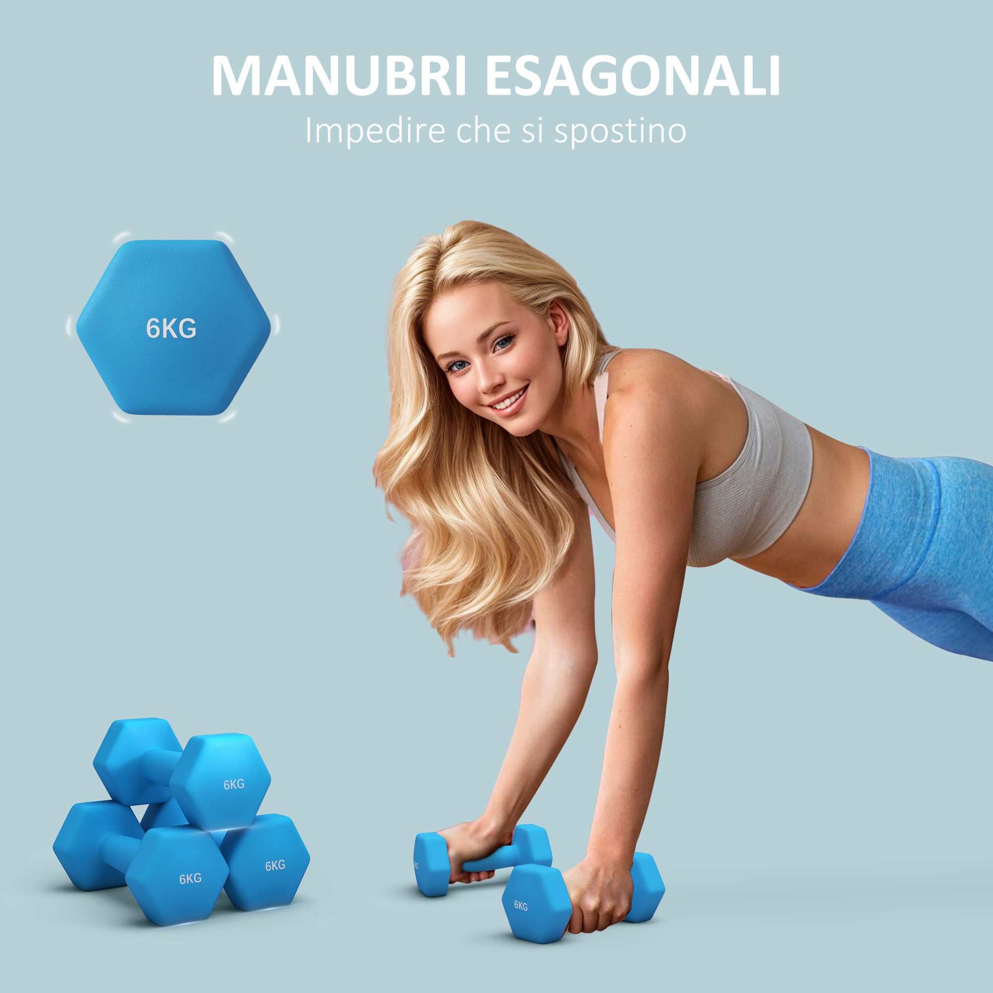 SPORTNOW Set of 2 2x6kg Hexagonal Dumbbells in Metal and Plastic with Non-Slip Grip, 22x10x10 cm, Light Blue
