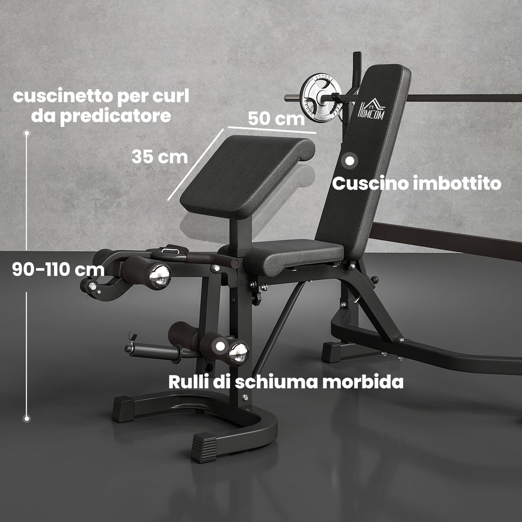 HOMCOM Adjustable Multifunctional Weight Bench with Barbell Rack, Steel and PU, 73.5x55x46-53.5 cm, Grey and Black