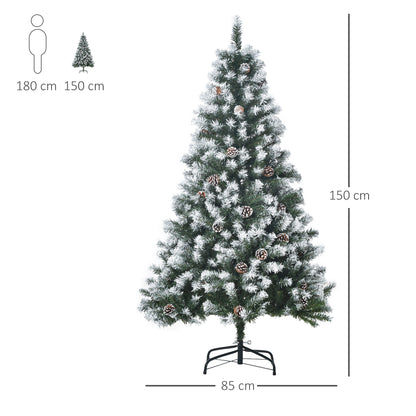 CHRISTMAS TREE - 150cm Artificial Snowy Christmas Tree with 676 Branches and Pine Cones, Green