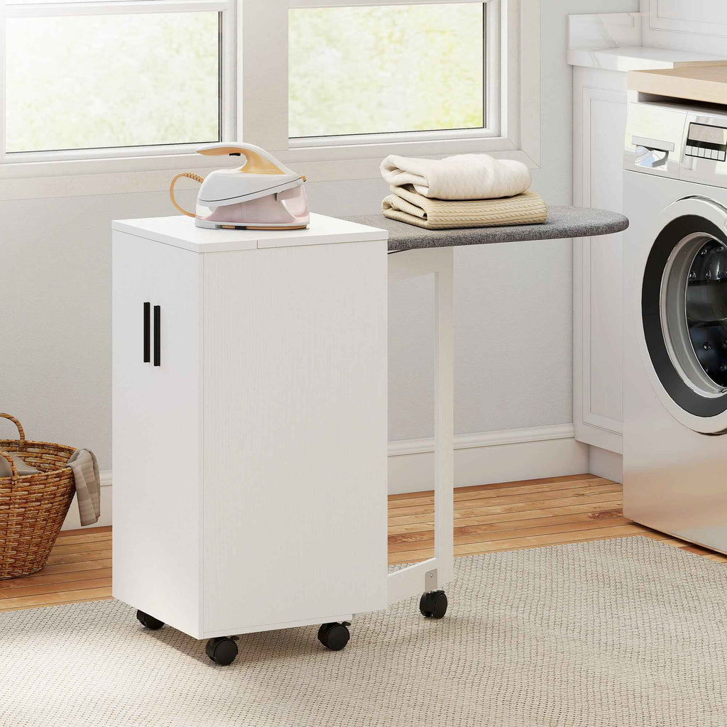 HOMCOM Folding Ironing Board with Wheels, Adjustable Shelf, Soft Close, Wood and Fabric, 128x43x83 cm, White
