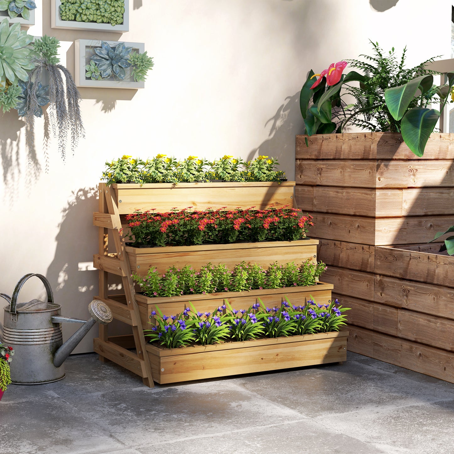 4 Tier Raised Planter with Drainage Holes and Non-Woven Fabric, Fir Wood, 75x57x60.5 cm