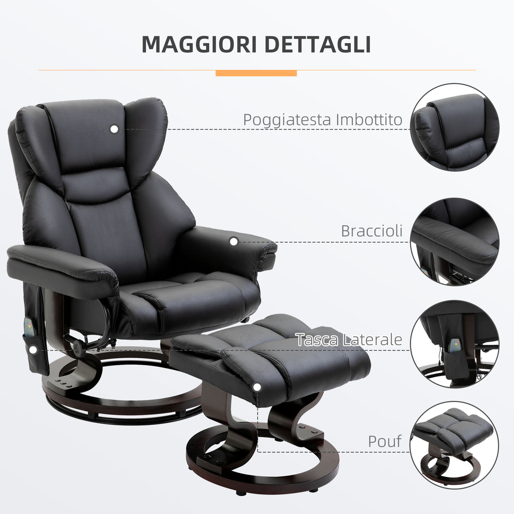 Relaxing Chair with Ottoman, Footrest and Massage Function, 145° Reclining and 360° Swivel, Black