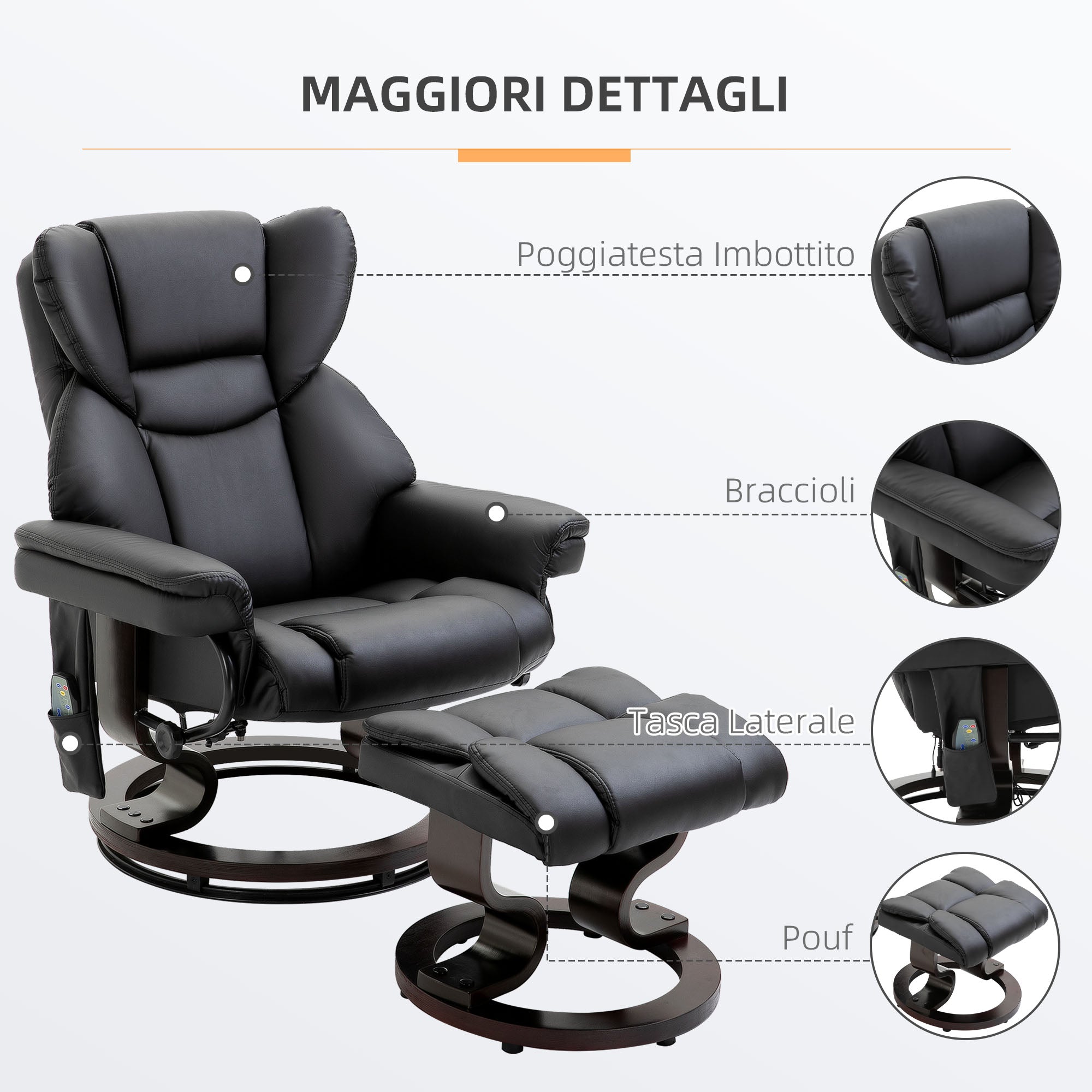 Relaxing Chair with Ottoman, Footrest and Massage Function, 145° Reclining and 360° Swivel, Black