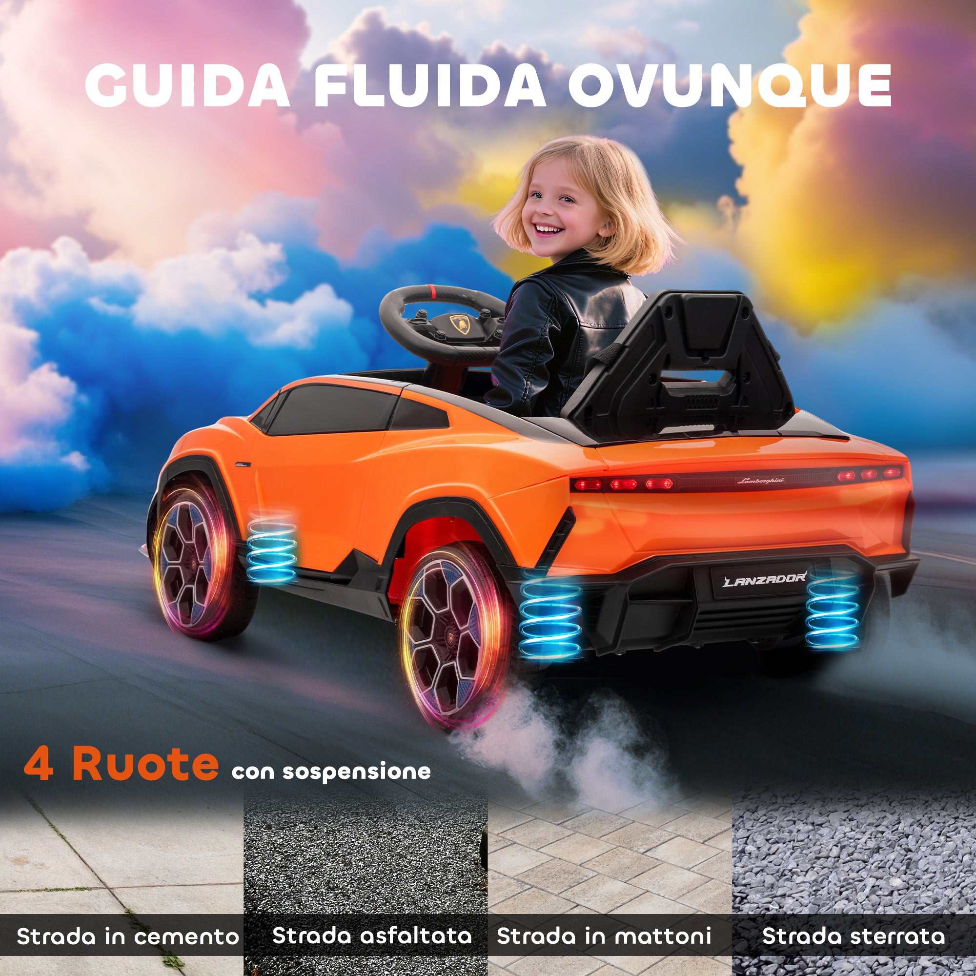 Electric Ride-On Car for Kids with Horn and Remote Control, MP3 Player, USB/AUX, LED Lights, Lamborghini License, Orange