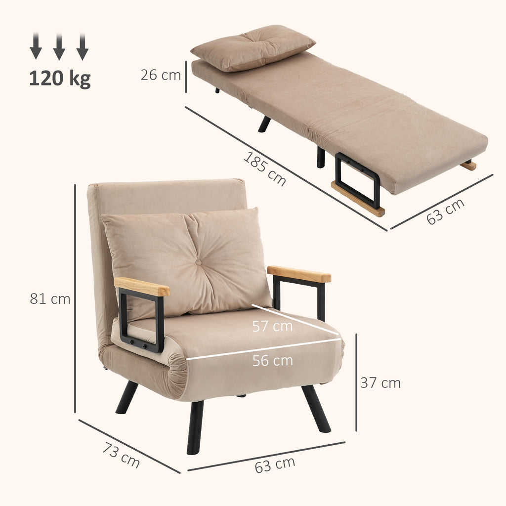 3-in-1 Reclining Armchair with Cushion, Velvet Fabric, 63x73x81 cm, Beige