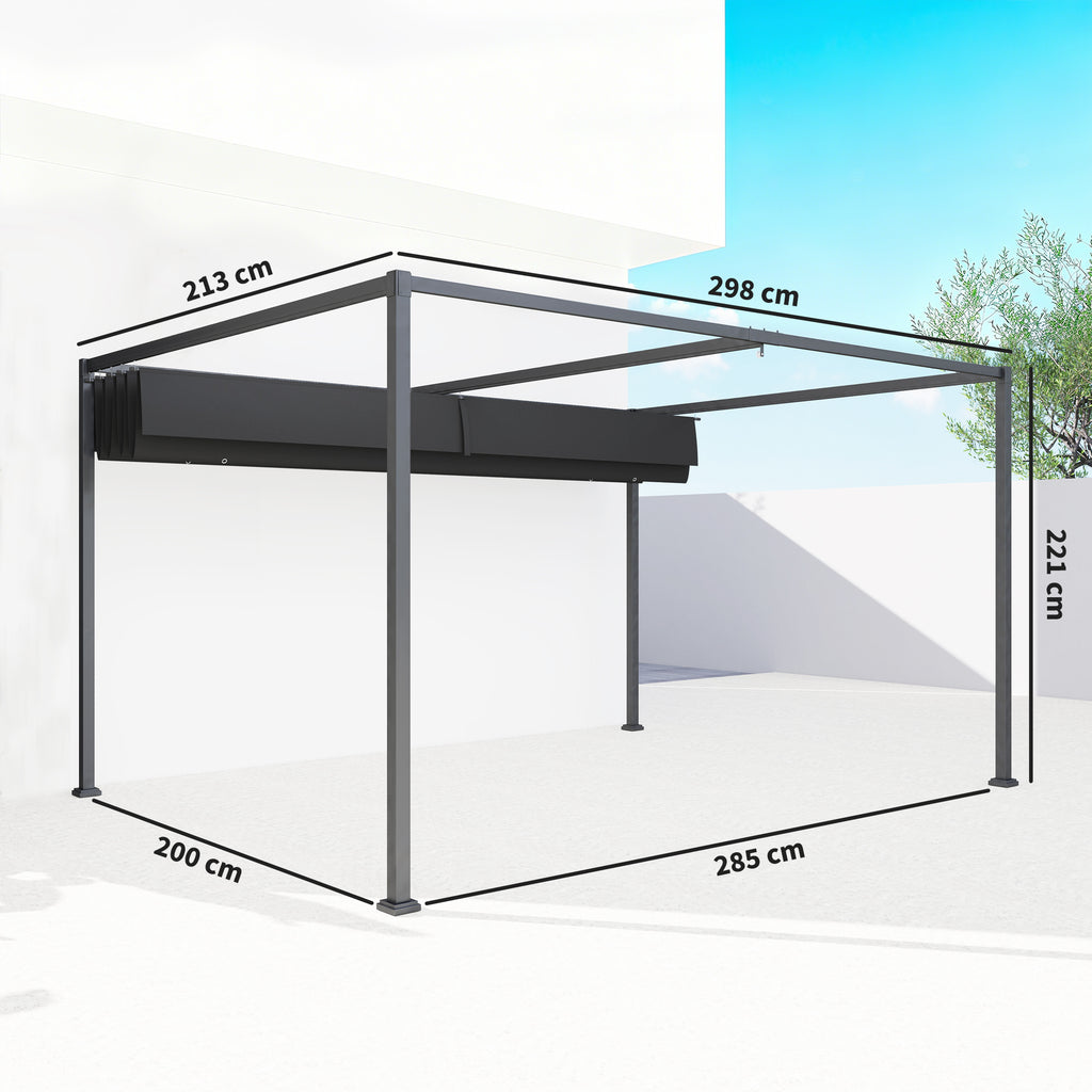 Outsunny Pergola Gazebo Outdoor 3x2.1 m with Retractable Metal and Polyester Canopy, Black