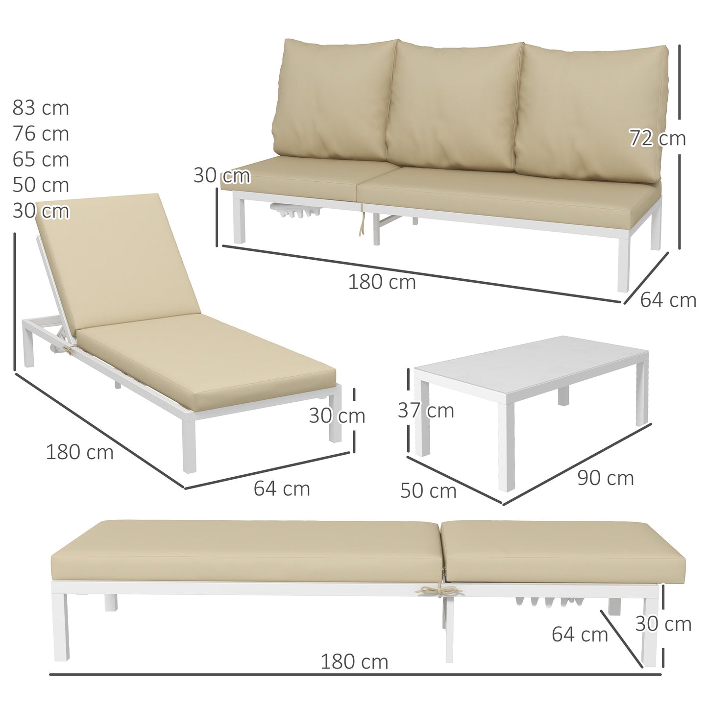 Set of 2 Sun Loungers with Adjustable Backrest and Glass Garden Table, Beige - Borgè