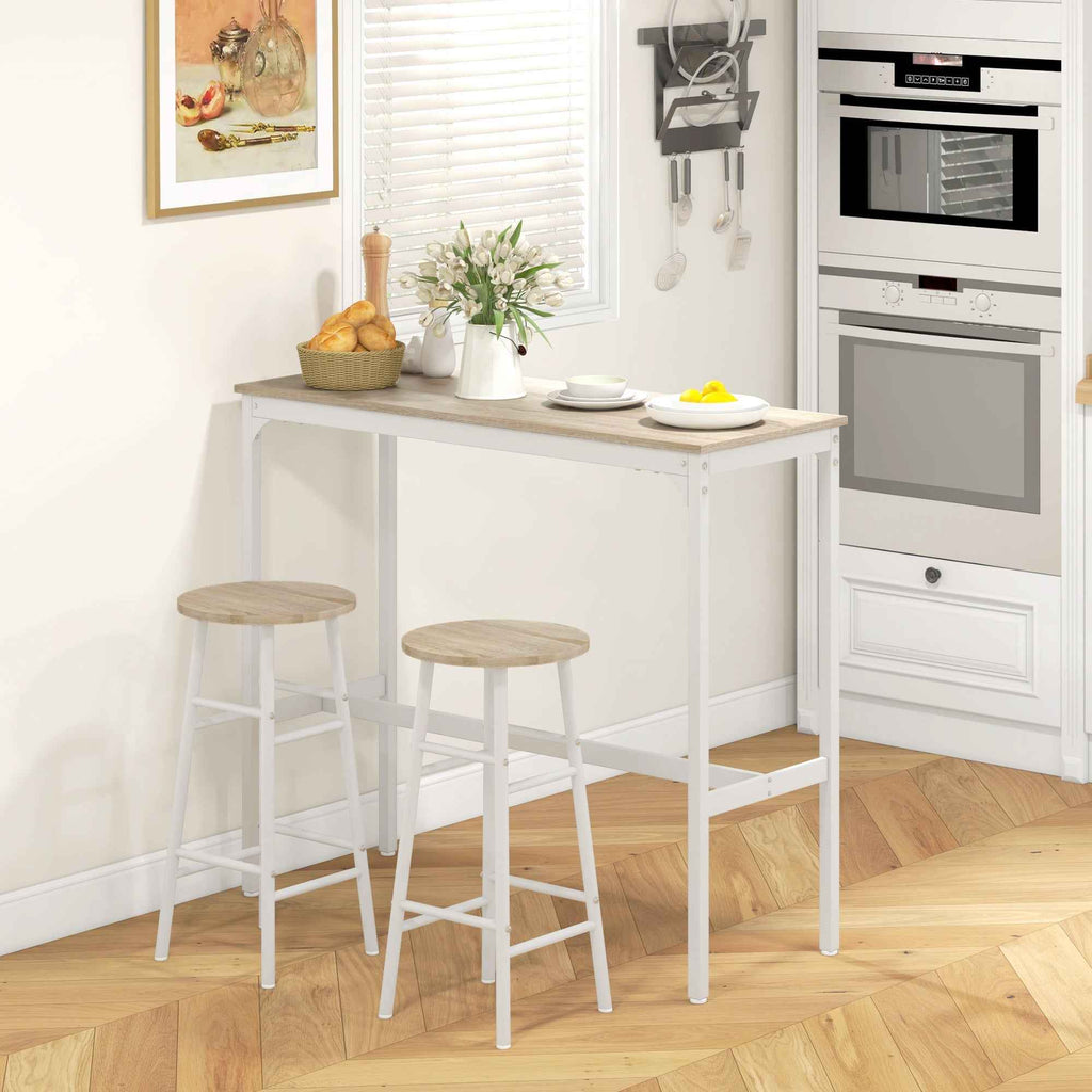 HOMCOM Industrial Style High Table and 2 Bar Stools with Footrest, White and Oak