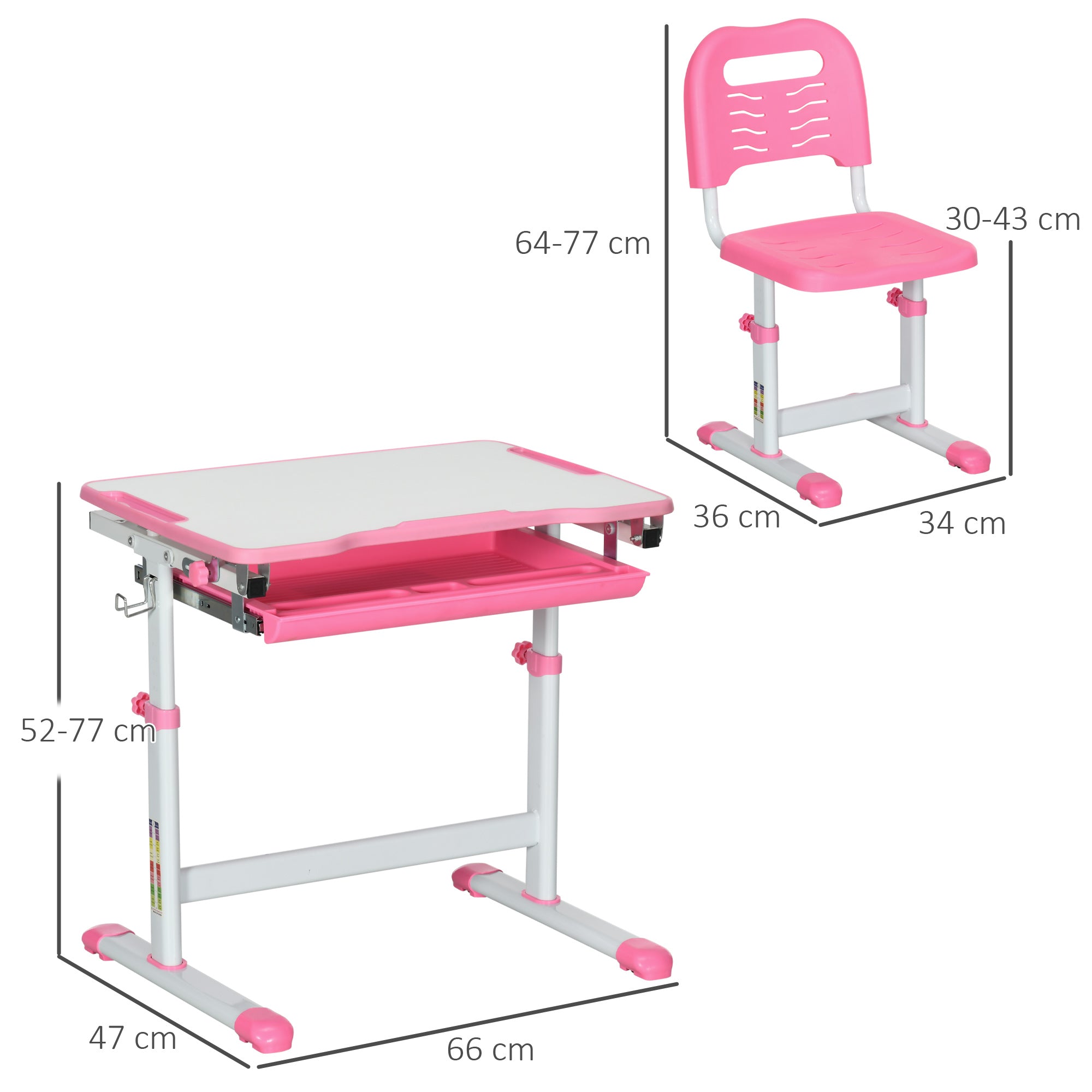 Children's School Desk for 6-12 Years with Chair and Adjustable Height, Tiltable Top, 66x47x52-77 cm, Pink