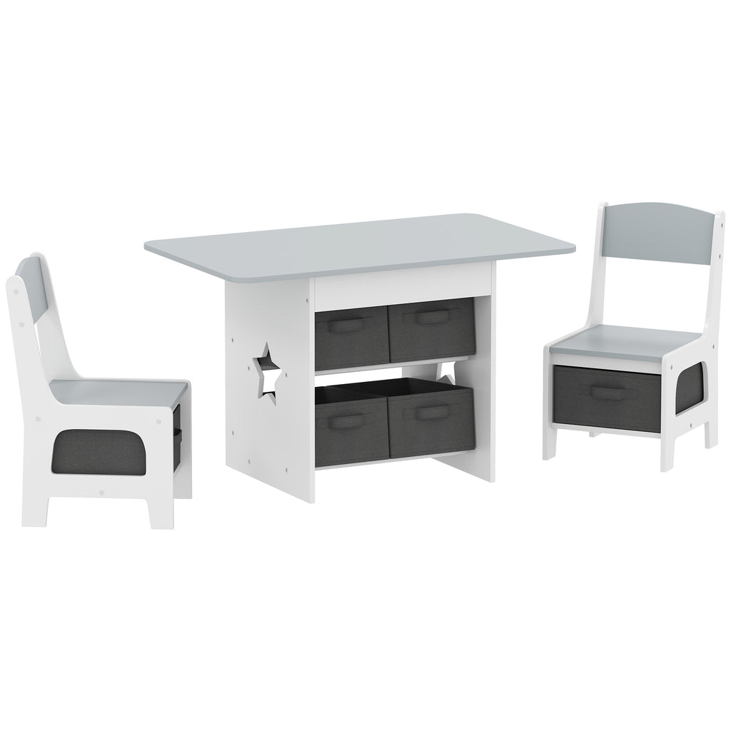 Children's Table and Chair Set for 3-8 Years Old with 6 Drawers and Rounded Edges, in Wood and Fabric, Grey and White