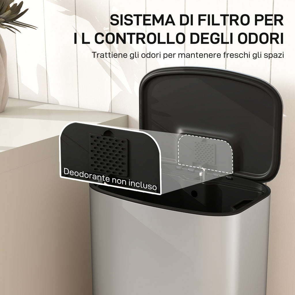 50L Pedal Bin with Soft-Close Lid, 90° Opening and Removable Bucket, Stainless Steel, Grey