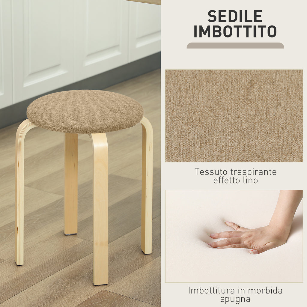 Set of 4 Stackable and Padded Stools with Fabric Upholstery and Wooden Legs, Khaki